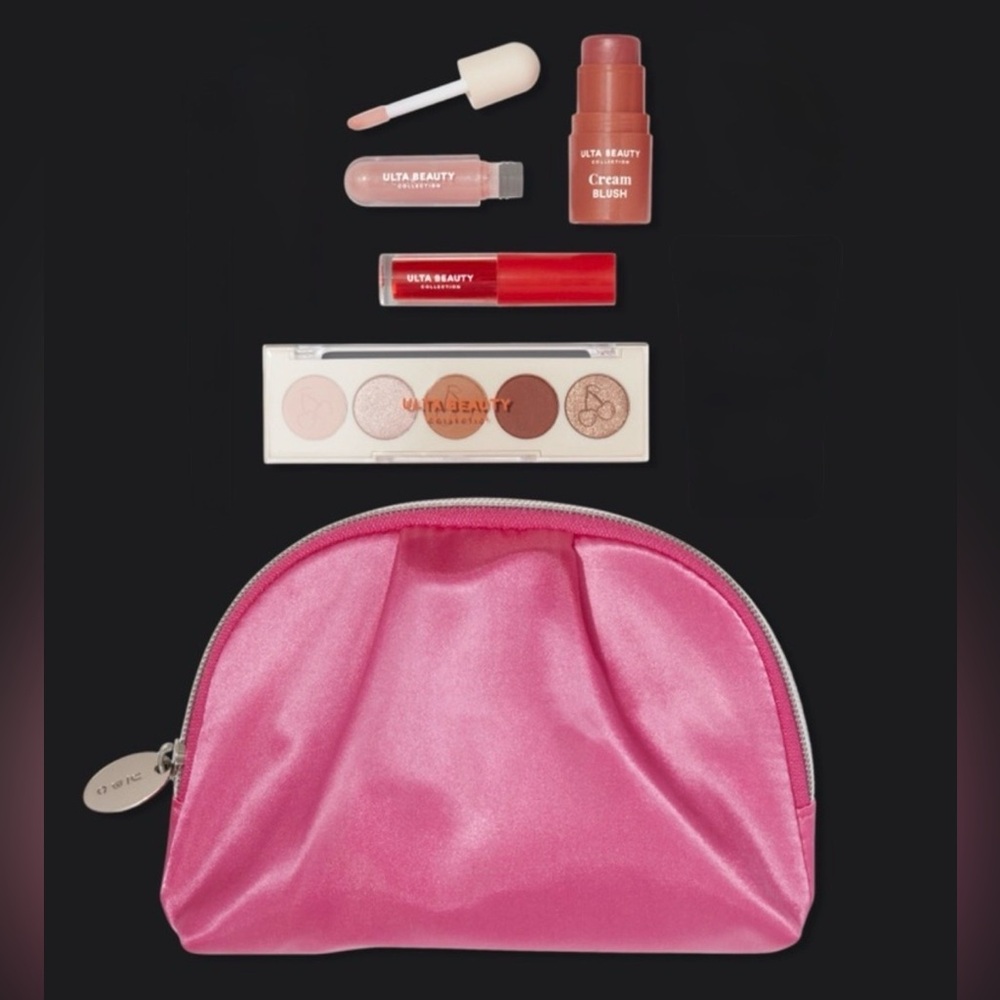 NWT Ulta Beauty Pink Makeup Bag with Eyeshadow Palette, Cream Blush & Lippies